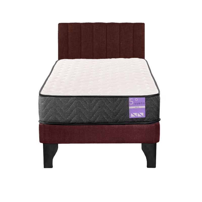 5 SUEÑO - Cama Europea 1 Plaza Aura + Respaldo Tubular Negro Burdeo
