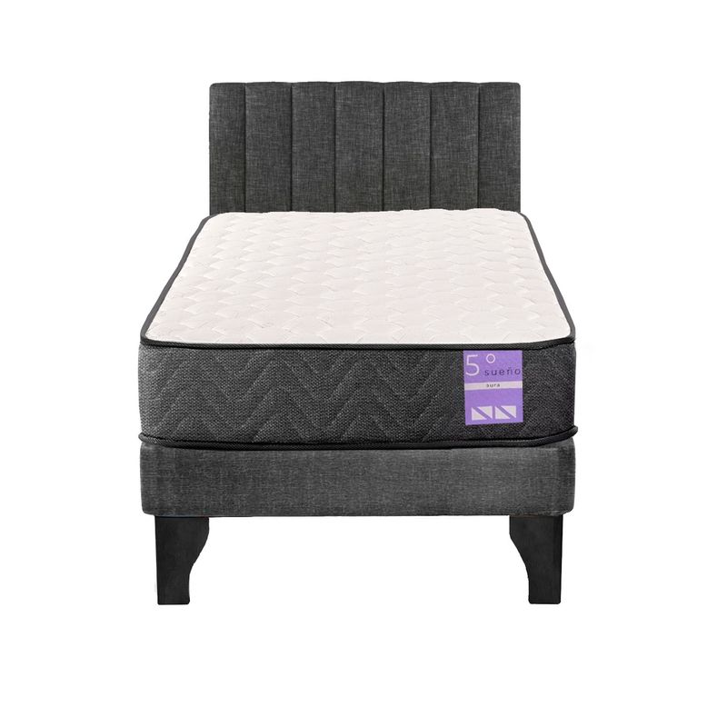 5 SUEÑO - Cama Europea 1 Plaza Aura + Respaldo Tubular Negro Gris