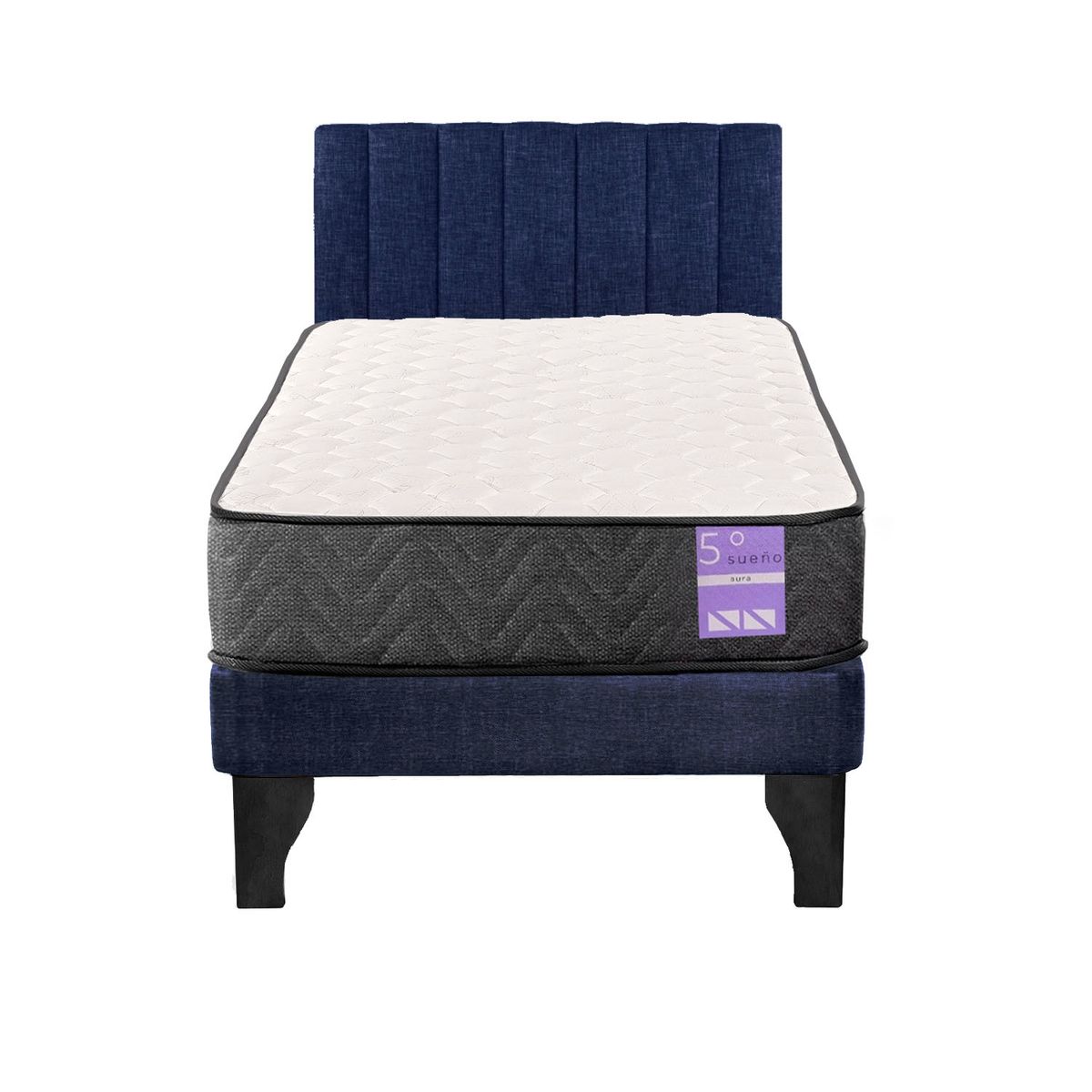5 SUEÑO - Cama Europea 1 Plaza Aura + Respaldo Tubular Negro Azul…