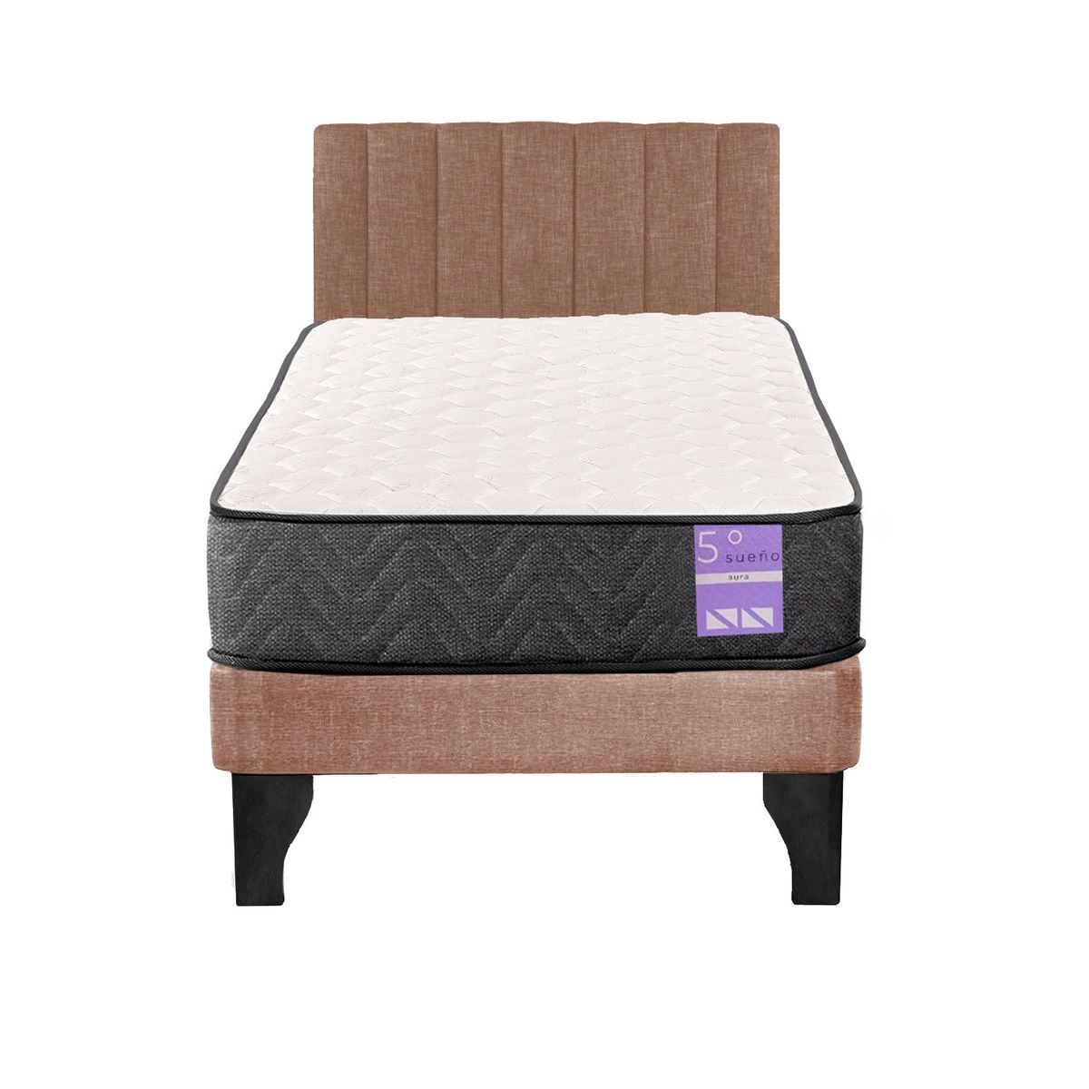 5 SUEÑO - Cama Europea 1 Plaza Aura + Respaldo Tubular Negro Beige