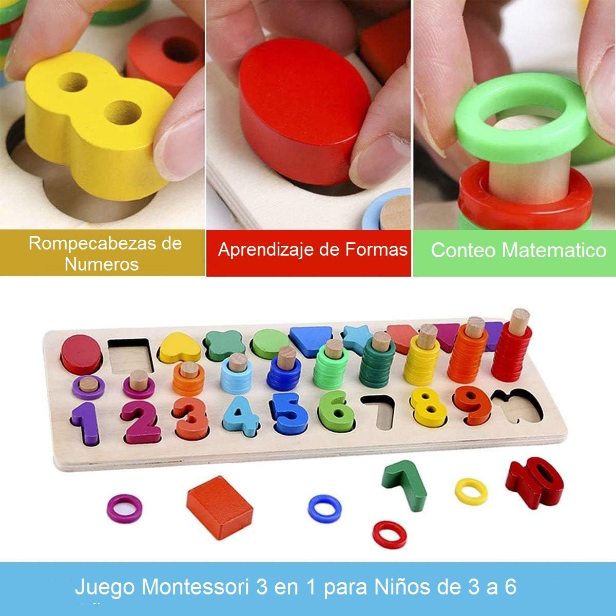 GENERICO - Tabla Didáctica Montessori De Madera 3 En 1 Educativa
