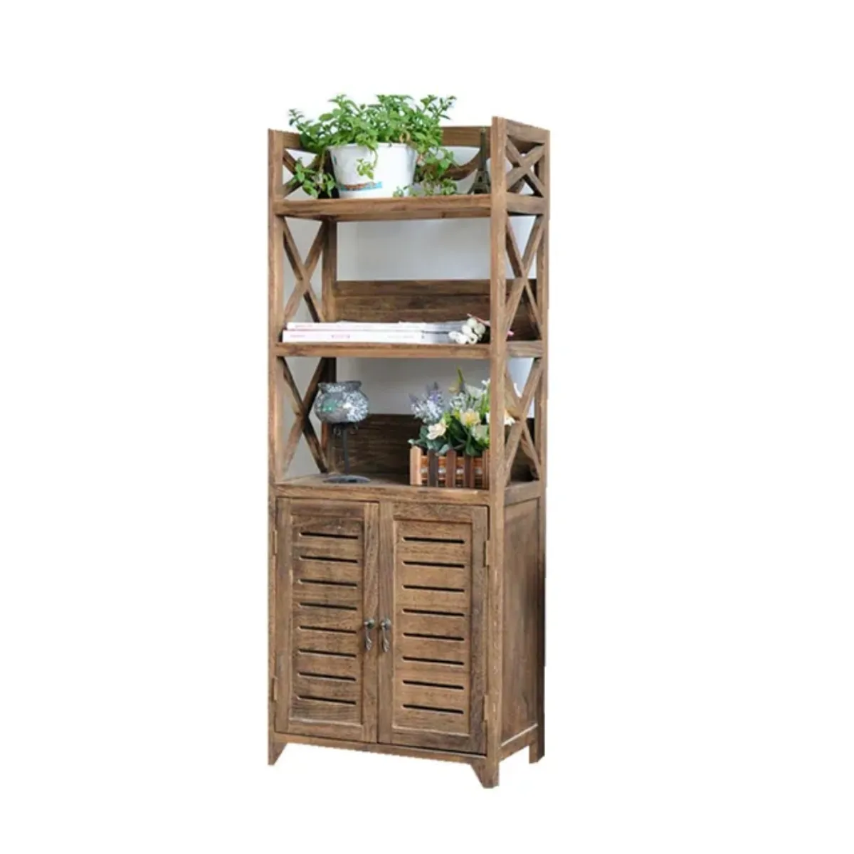 GENERICO - MUEBLE ESTANTE DE MADERA CON PUERTAS DE CELOSIA COLOR CAFE