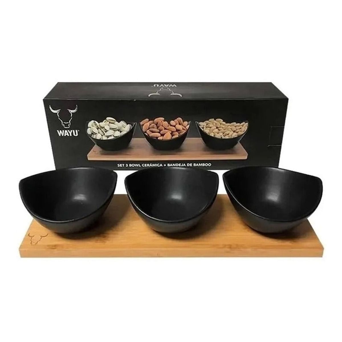 WAYU - Set De 3 Bowls Wayu Ceramica Bandeja Bamboo Aperitivo