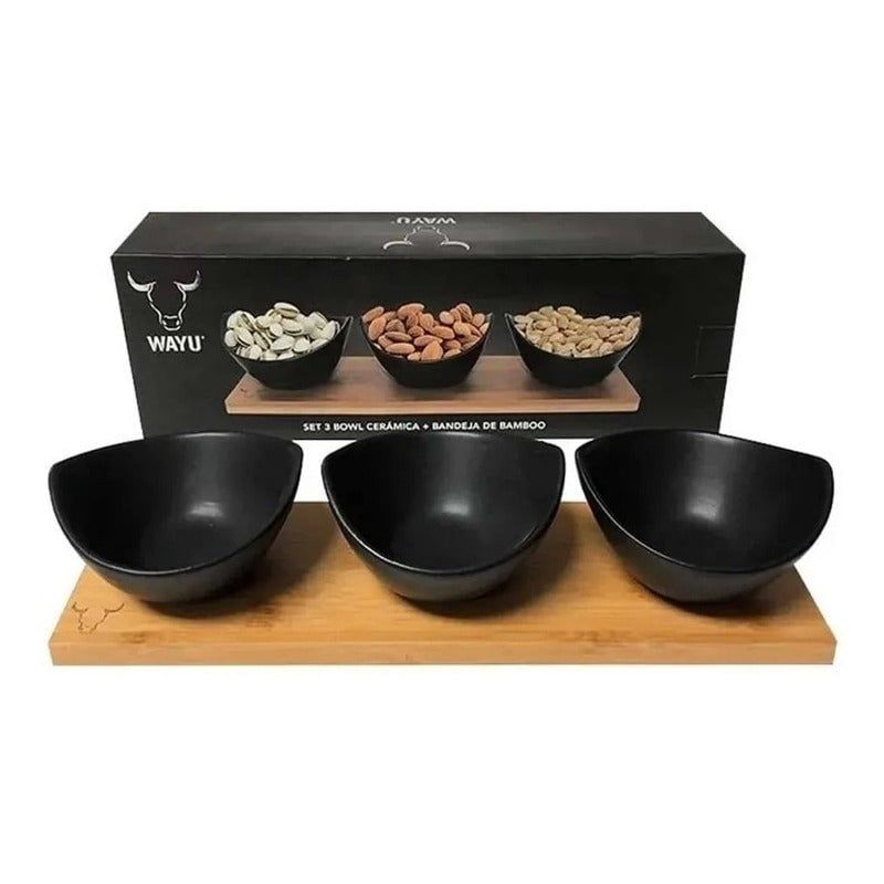 WAYU - Set De 3 Bowls Wayu Ceramica Bandeja Bamboo Aperitivo