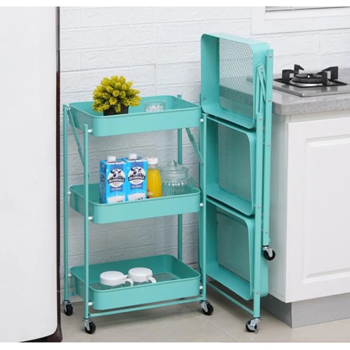 GENERICO - Estante Plegable Organizador Multiusos 3 Niveles ruedas Celeste