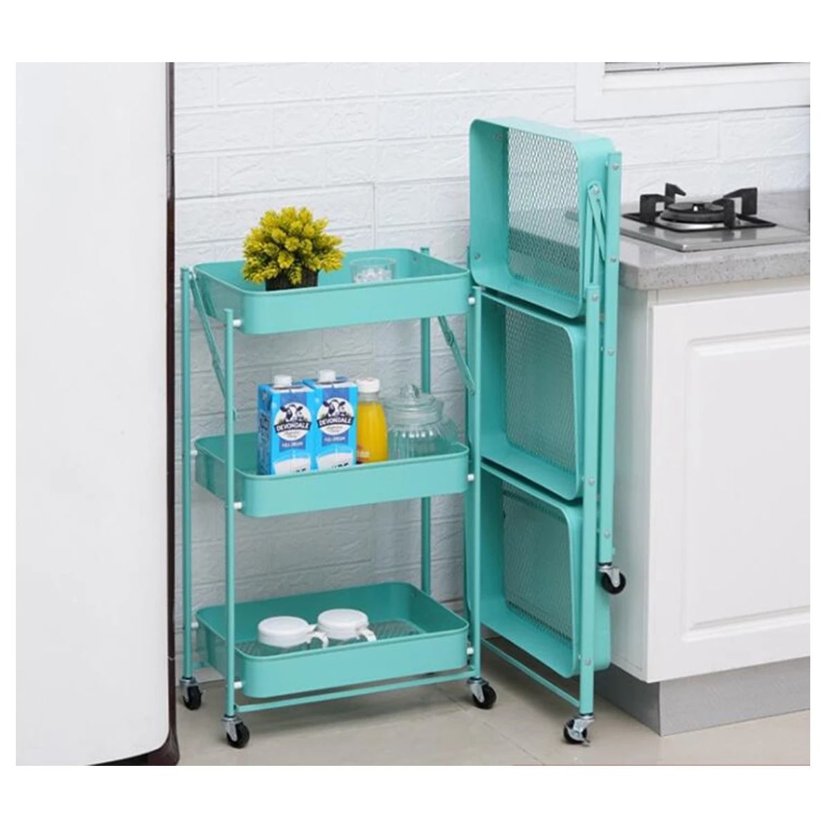 GENERICO - Estante Organizador plegable Multiusos 3 Niveles ruedas Celeste