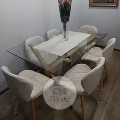 GENERICO - JUEGO COMEDOR MESA 140X90 + 4 SILLAS FELPA FIORI BEIGE
