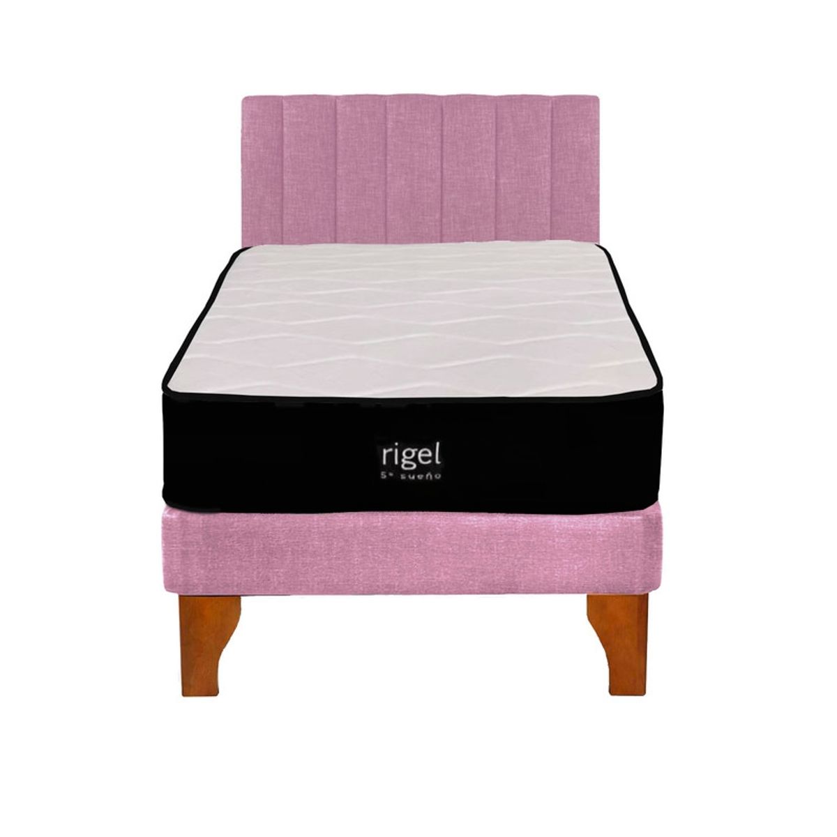 5 SUEÑO - Cama Europea 1,5 Plazas Rigel + Respaldo Tubular Madera Rosado