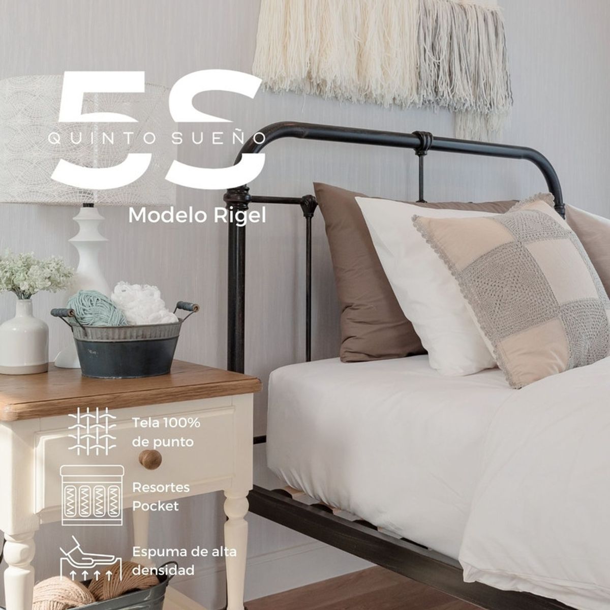 5 SUEÑO - Cama Europea 1,5 Plazas Rigel + Respaldo Tubular Madera Rosado