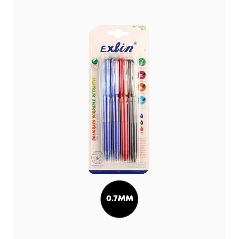 GENERICO - BOLIGRAFO 4 PCS  COLOR SURTIDO BORRABLES 0.7MM