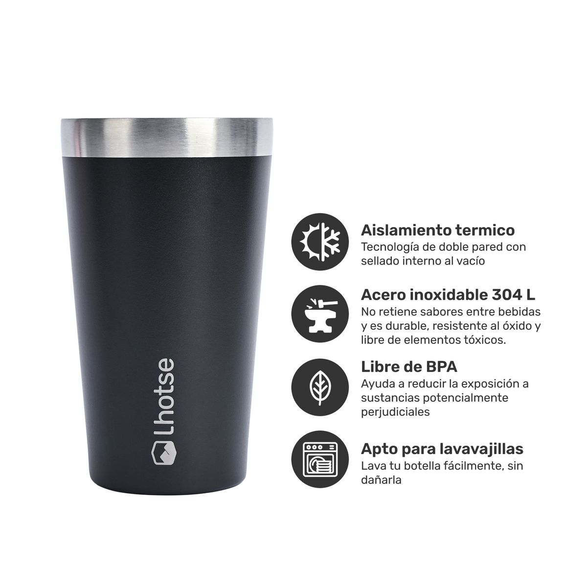 LHOTSE - Vaso Térmico Insulado Camping 480ml - Negro