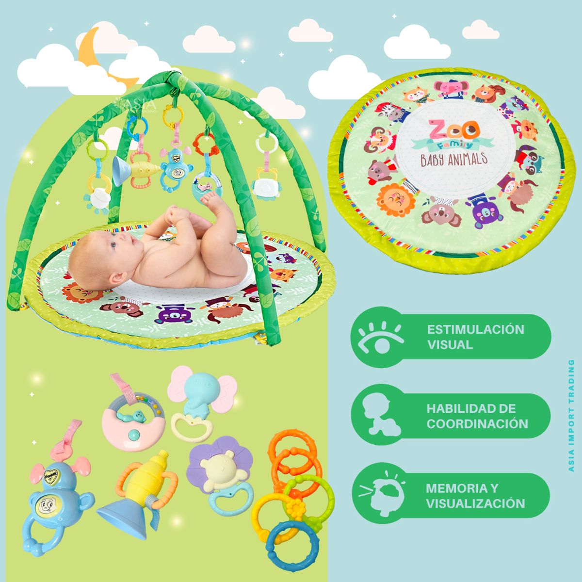 KIDSTAR - Gimnasio de Juegos para Bebé “Zoo Baby Animals” Alfombra Redonda Sensorial