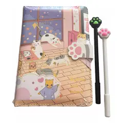 GENERICO - Libreta Gatito+Dos Lápices Tinta Azultapa Ecocuero Kawaii