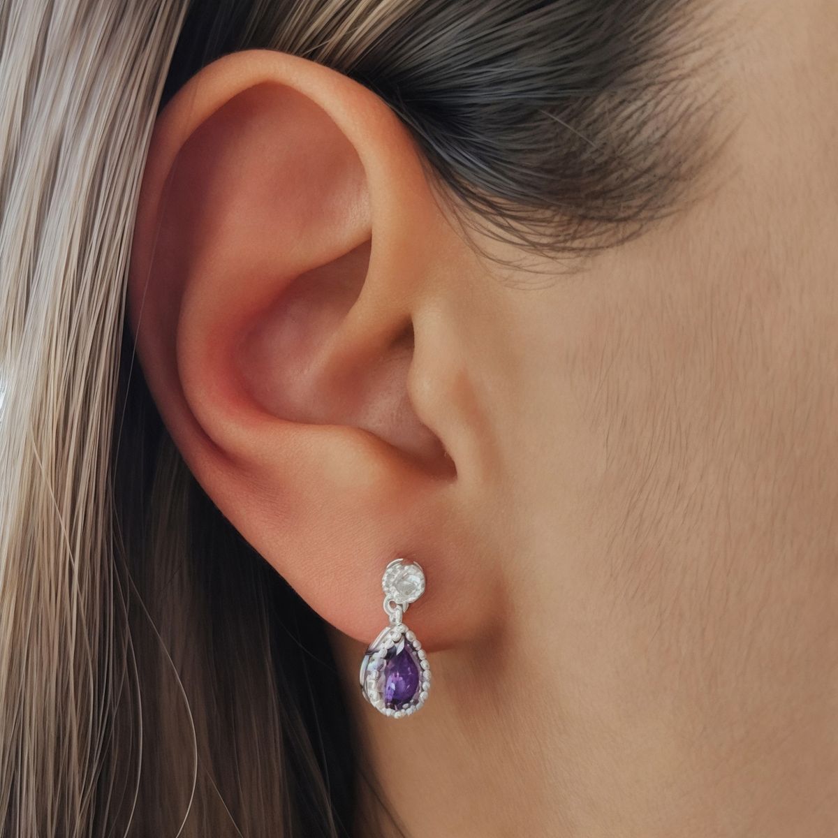 COGGIOLA - Aros Gota Circón Facetado Morado Plata Fina 925