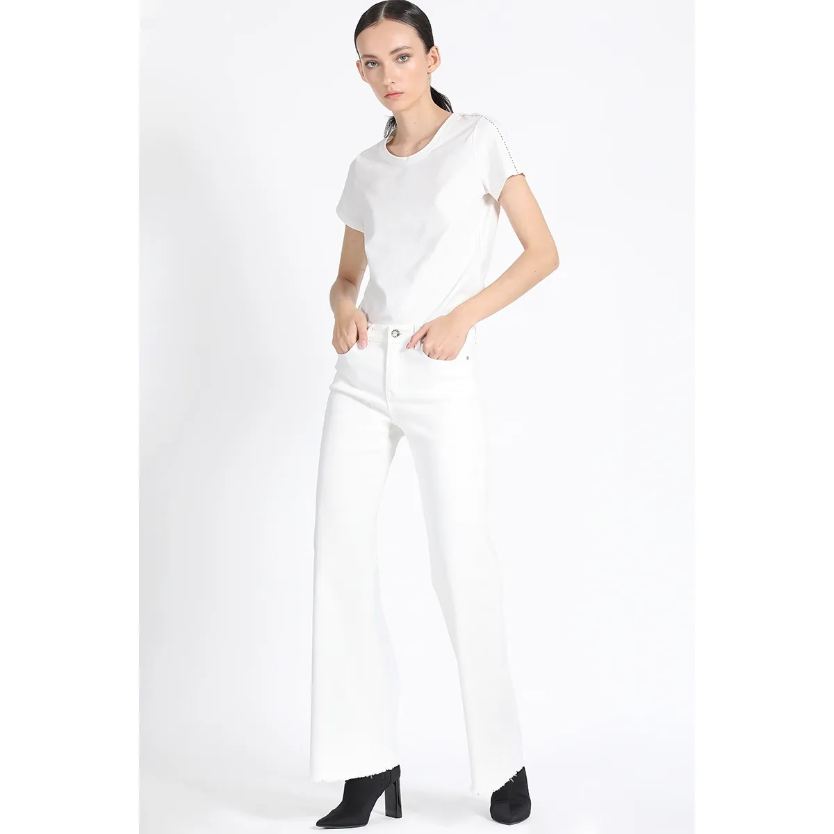 LIOLA - Pantalon Palazzo, Tiro Medio, Crudo Liola