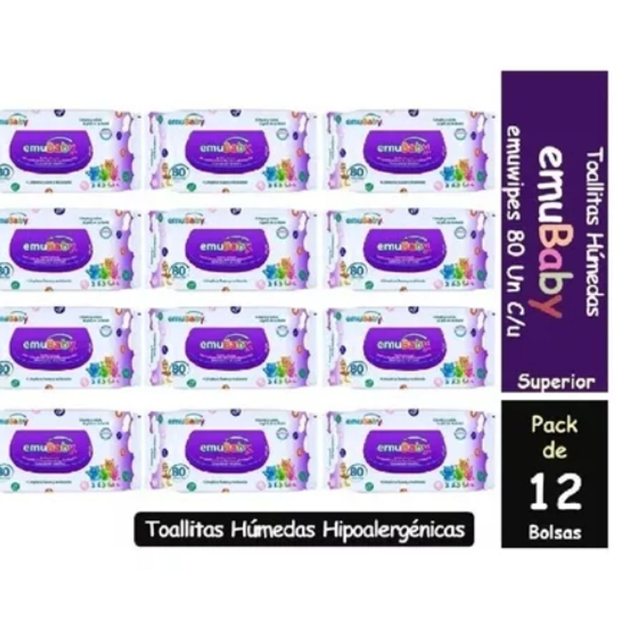 EMUBABY - 12 Paquetes Toallas Emubaby Sin Tapa 80 UND