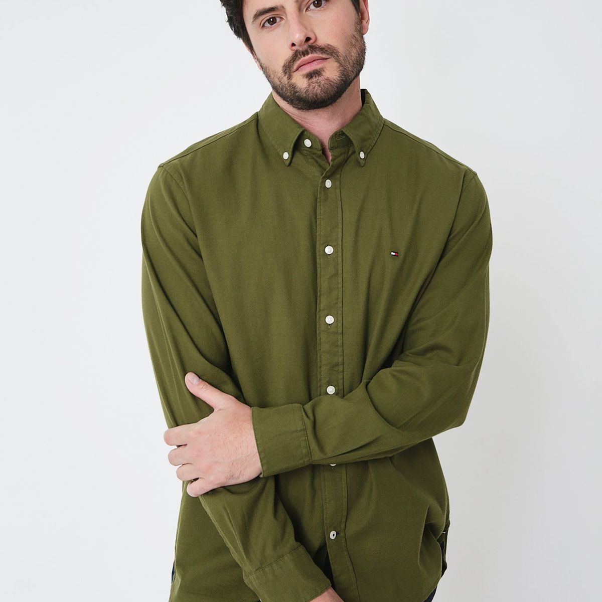 TOMMY HILFIGER - Camisa Solid Regular Fit Verde Tommy Hilfiger