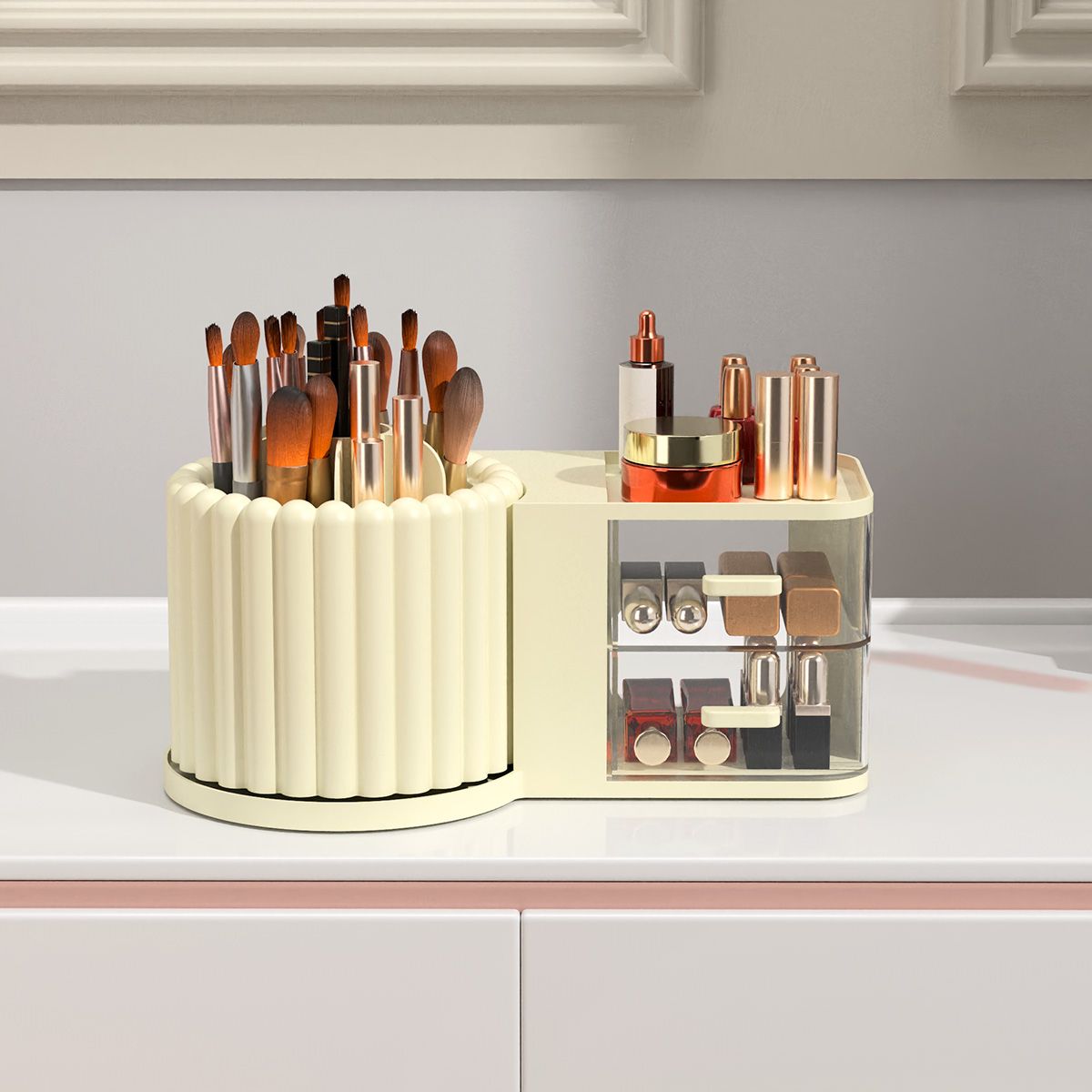 AIZO - Amarillo Organizador Cosmeticos Cosmetiquero 360 Grados Con 2 Cajones