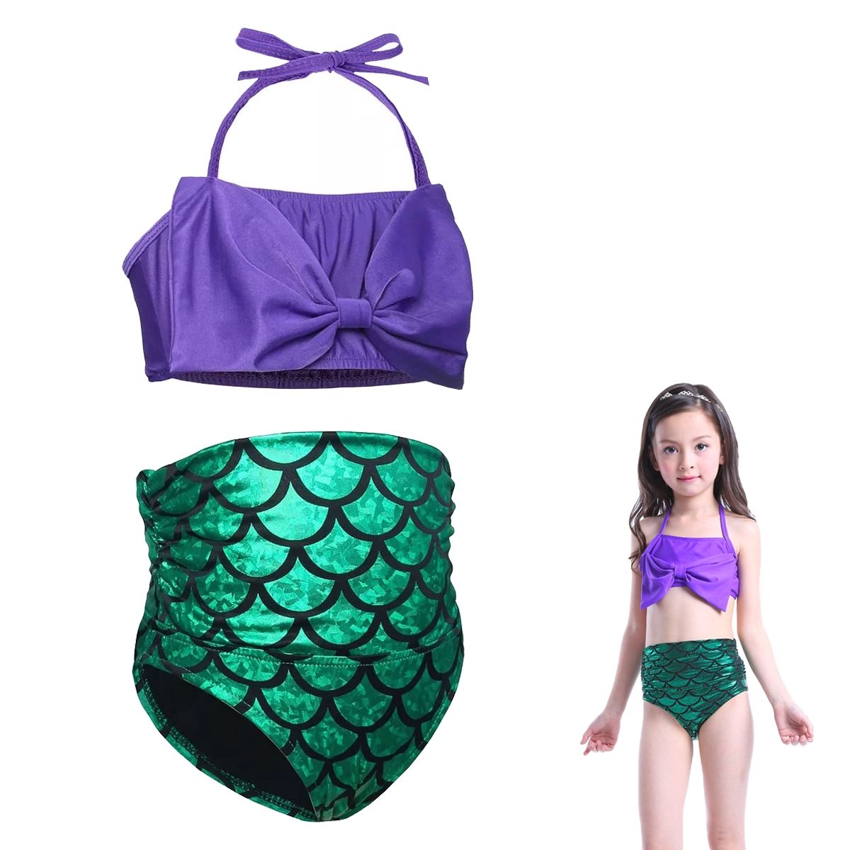 GENERICO - Bikini Traje De Baño Con Lazo Sirenita Sirena Princesas Para Niñas