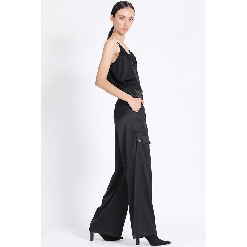 LIOLA - Pantalon  Ancho Satin Cargo, Negro Liola