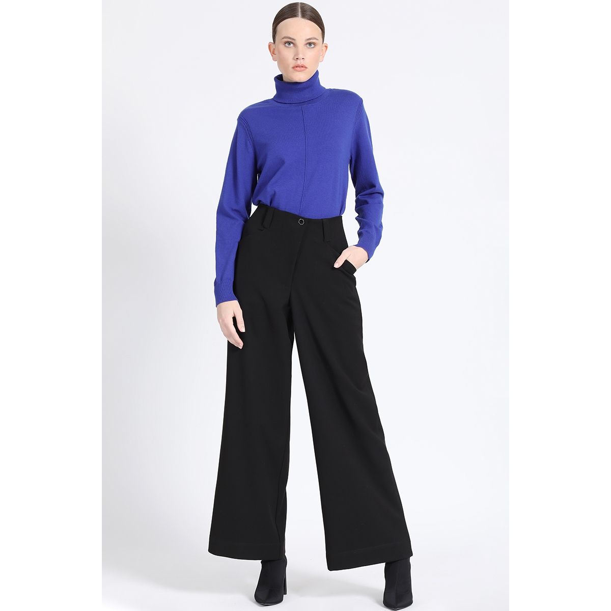LIOLA - Pantalon Ancho, Tiro Alto, Negro Liola
