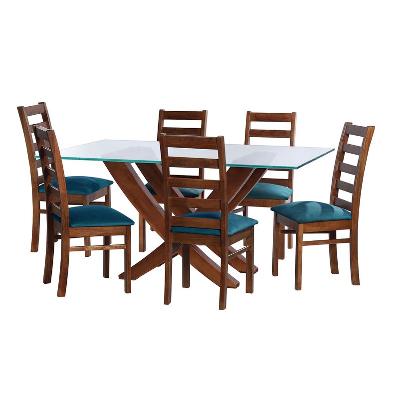 LATAM HOME - JUEGO DE COMEDOR ALICANTE 6 SILLAS BURGOS TELA VELVET AZUL PETROLEO