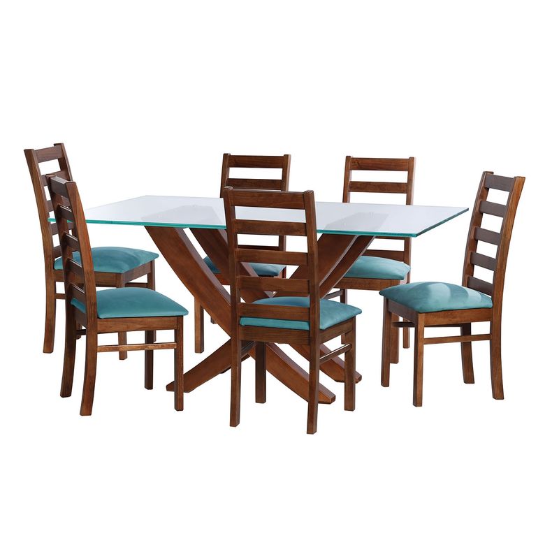 LATAM HOME - JUEGO DE COMEDOR ALICANTE 6 SILLAS BURGOS TELA VELVET TURQUESA