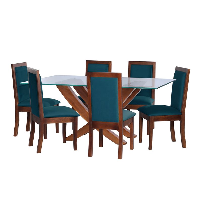 LATAM HOME - JUEGO DE COMEDOR ALICANTE 6 SILLAS GIRONA TELA VELVET AZUL PETROLEO