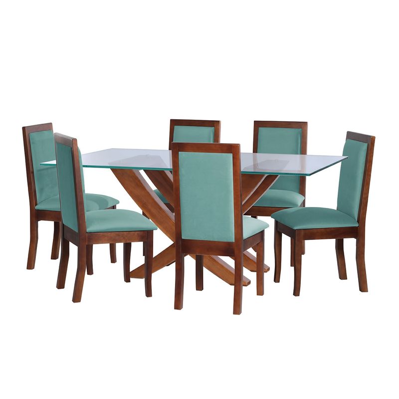 LATAM HOME - JUEGO DE COMEDOR ALICANTE 6 SILLAS GIRONA TELA VELVET TURQUESA