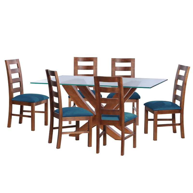 LATAM HOME - JUEGO DE COMEDOR ALICANTE 6 SILLAS GRANADA TELA VELVET AZUL PETROLEO