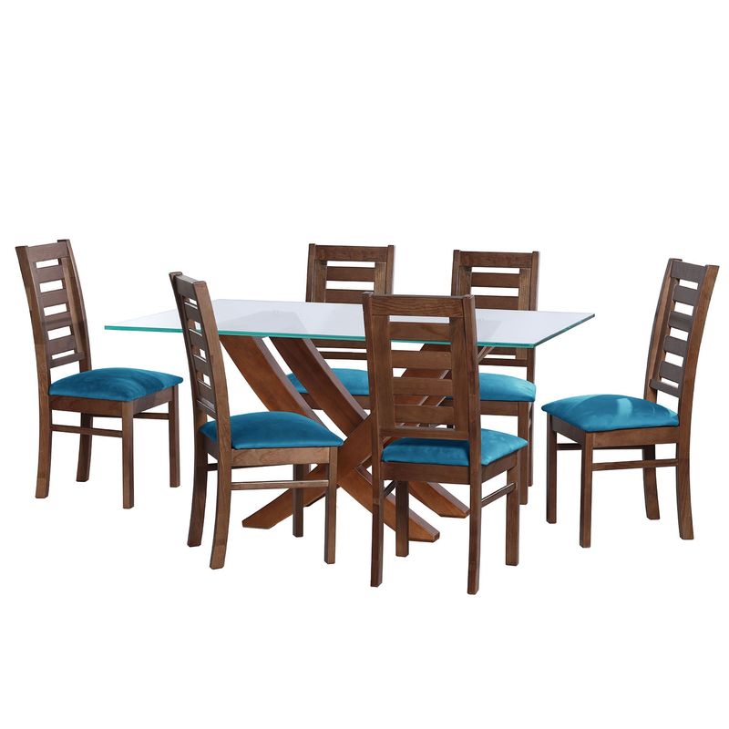LATAM HOME - JUEGO DE COMEDOR ALICANTE 6 SILLAS MURCIA TELA VELVET AZUL PETROLEO