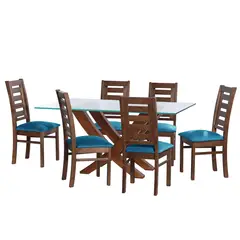 LATAM HOME - JUEGO DE COMEDOR ALICANTE 6 SILLAS MURCIA TELA VELVET AZUL PETROLEO