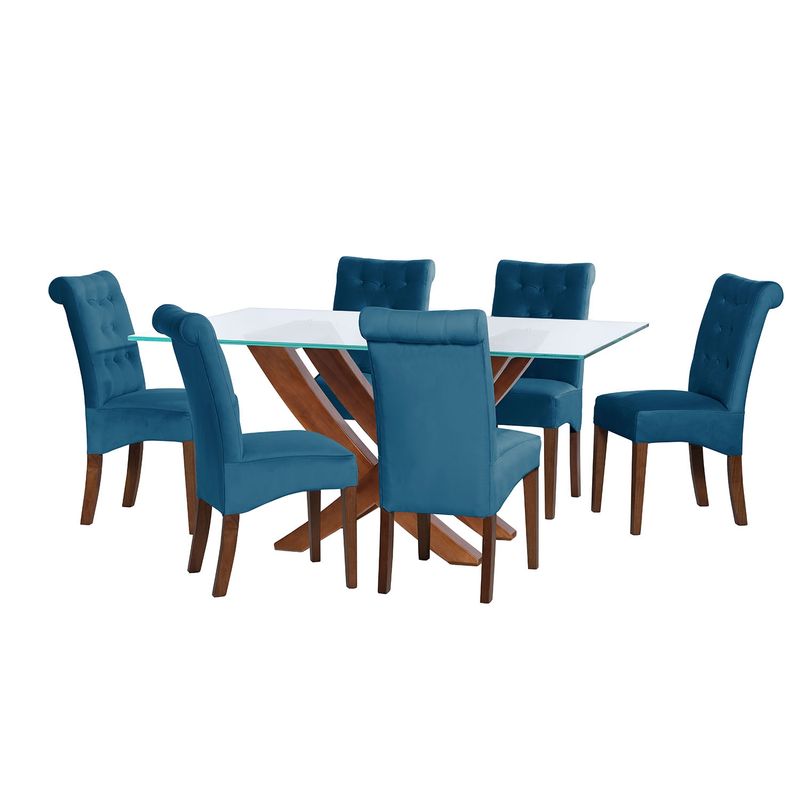 LATAM HOME - JUEGO DE COMEDOR ALICANTE 6 SILLAS OVIEDO TELA VELVET AZUL PETROLEO