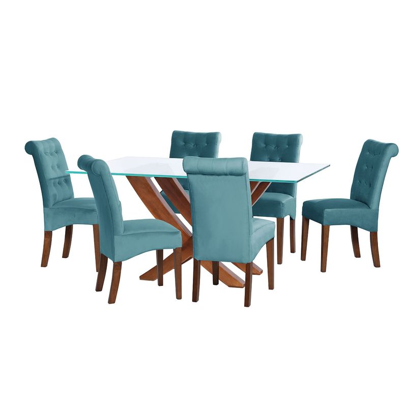 LATAM HOME - JUEGO DE COMEDOR ALICANTE 6 SILLAS OVIEDO TELA VELVET TURQUESA