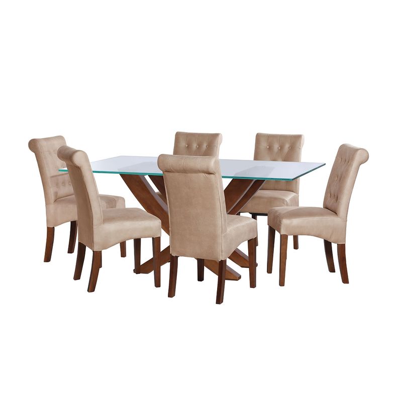 LATAM HOME - JUEGO DE COMEDOR ALICANTE 6 SILLAS OVIEDO CUERO KENTUCKY  BEIGE