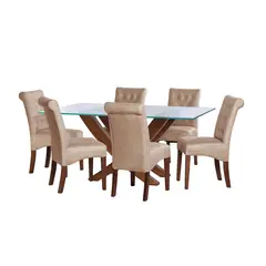 LATAM HOME - JUEGO DE COMEDOR ALICANTE 6 SILLAS OVIEDO CUERO KENTUCKY  BEIGE