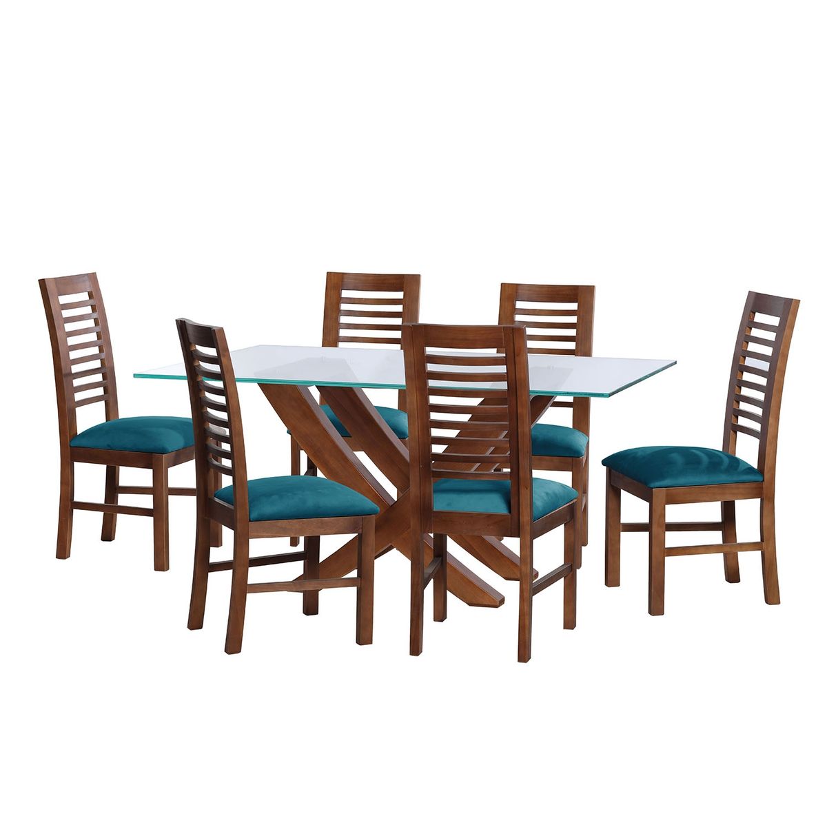 LATAM HOME - JUEGO DE COMEDOR ALICANTE 6 SILLAS SALAMANCA TELA VELVET AZUL PETROLEO