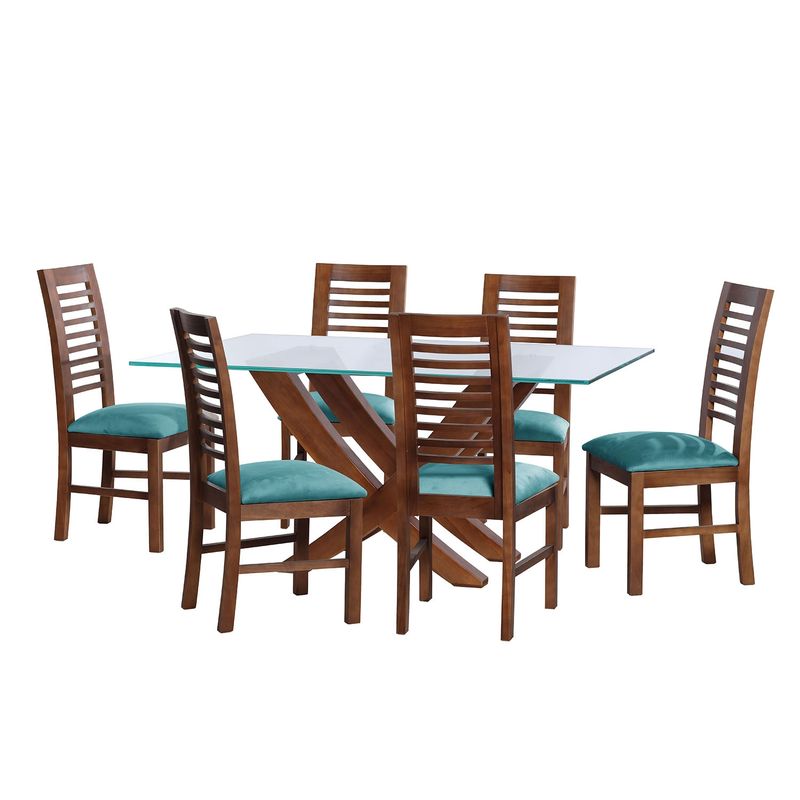 LATAM HOME - JUEGO DE COMEDOR ALICANTE 6 SILLAS SALAMANCA TELA VELVET TURQUESA