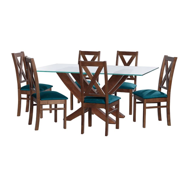 LATAM HOME - JUEGO DE COMEDOR ALICANTE 6 SILLAS SEGOVIA TELA VELVET AZUL PETROLEO