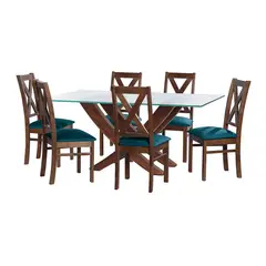 LATAM HOME - JUEGO DE COMEDOR ALICANTE 6 SILLAS SEGOVIA TELA VELVET AZUL PETROLEO