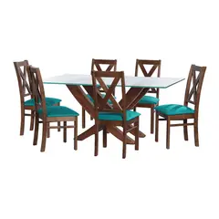 LATAM HOME - JUEGO DE COMEDOR ALICANTE 6 SILLAS SEGOVIA TELA VELVET TURQUESA