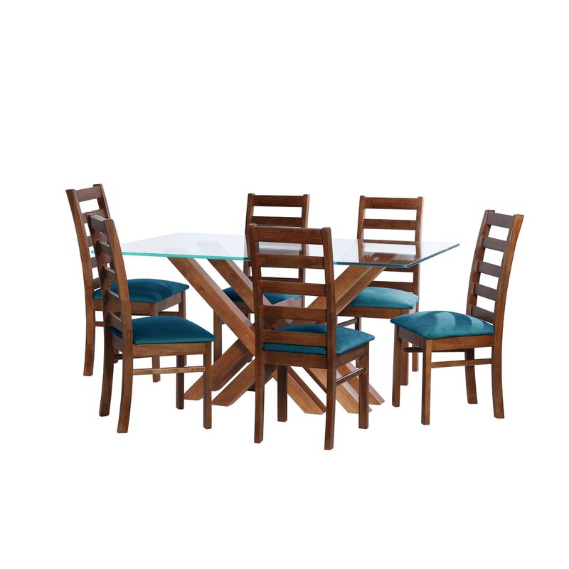 LATAM HOME - JUEGO DE COMEDOR MERIDA 6 SILLAS BURGOS TELA VELVET AZUL PETROLEO