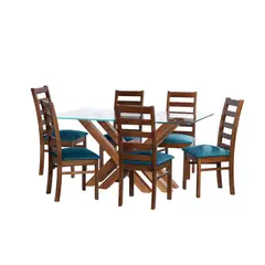 LATAM HOME - JUEGO DE COMEDOR MERIDA 6 SILLAS BURGOS TELA VELVET AZUL PETROLEO