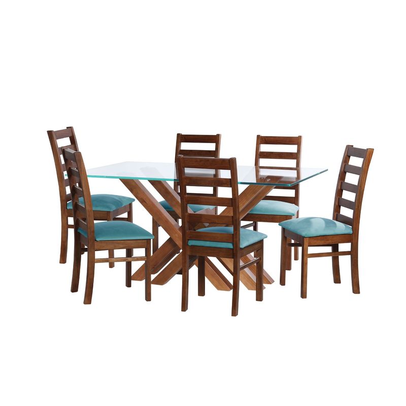 LATAM HOME - JUEGO DE COMEDOR MERIDA 6 SILLAS BURGOS TELA VELVET TURQUESA