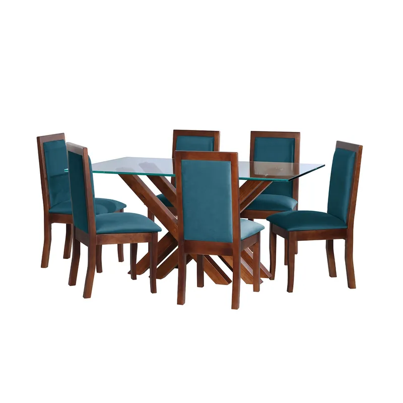 LATAM HOME - JUEGO DE COMEDOR MERIDA 6 SILLAS GIRONA TELA VELVET AZUL PETROLEO