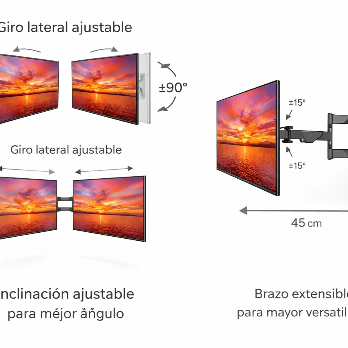 GENERICO - Soporte TV Pared 14 A 55 Pulgadas Articulado Inclinable Giratorio Metal Reforzado Compatible VESA