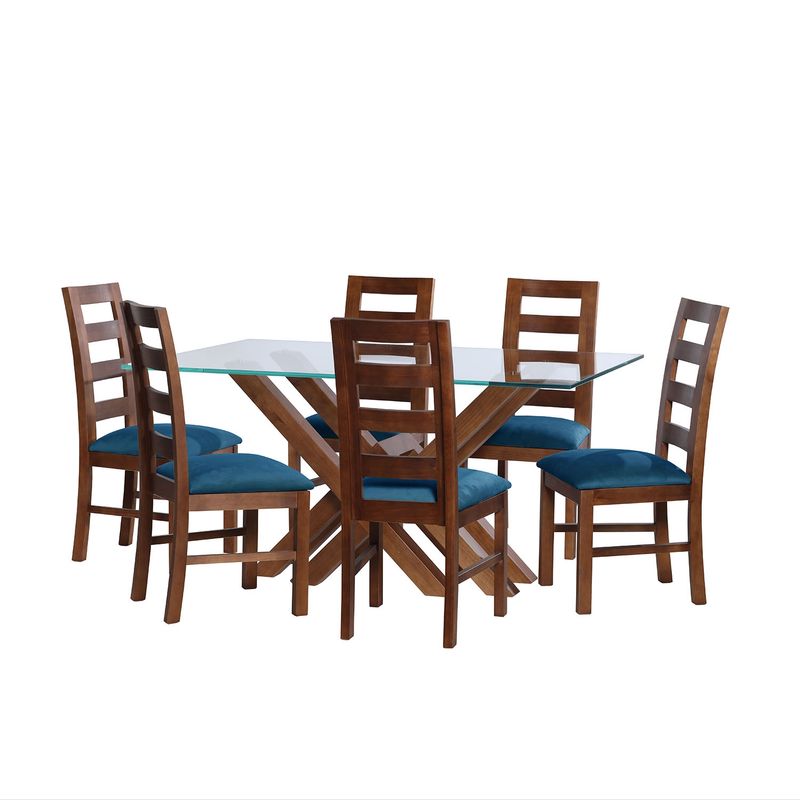 LATAM HOME - JUEGO DE COMEDOR MERIDA 6 SILLAS GRANADA TELA VELVET AZUL PETROLEO