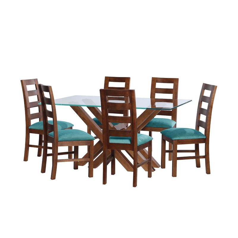 LATAM HOME - JUEGO DE COMEDOR MERIDA 6 SILLAS GRANADA TELA VELVET TURQUESA