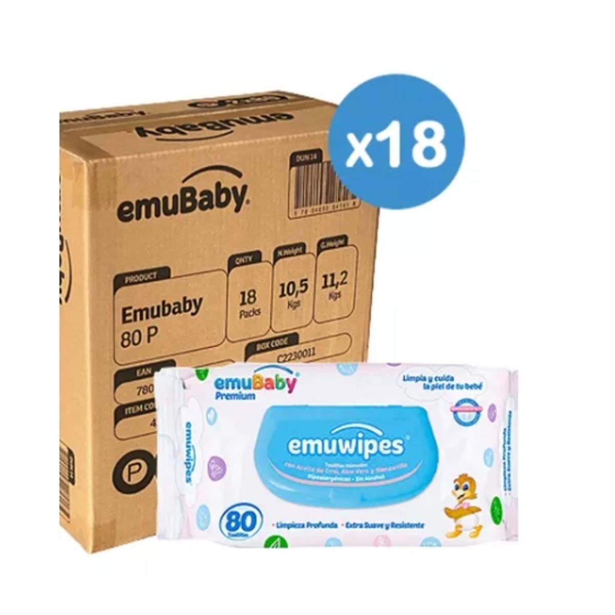 EMUBABY - Toallas Emubaby Con Tapa  80 Und 18 Paquetes (1440 UND)