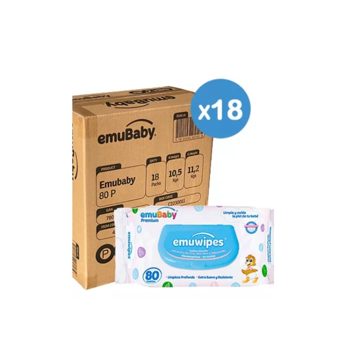 EMUBABY - Toallas Emubaby Con Tapa  80 Und 18 Paquetes (1440 UND)
